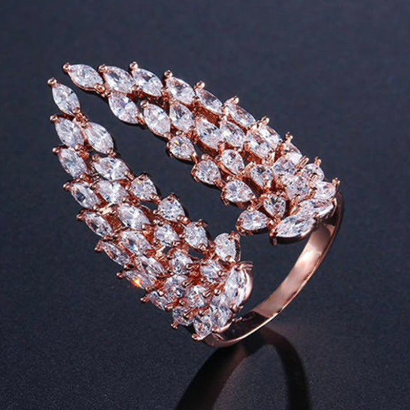 New Women's Open Full Diamonds Zircon Wings Adjustable Fashion Charm Copper Ring