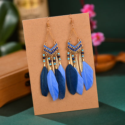 Vintage Fan-shaped Tassel Feather Long Bohemian Beads Earrings Wholesale