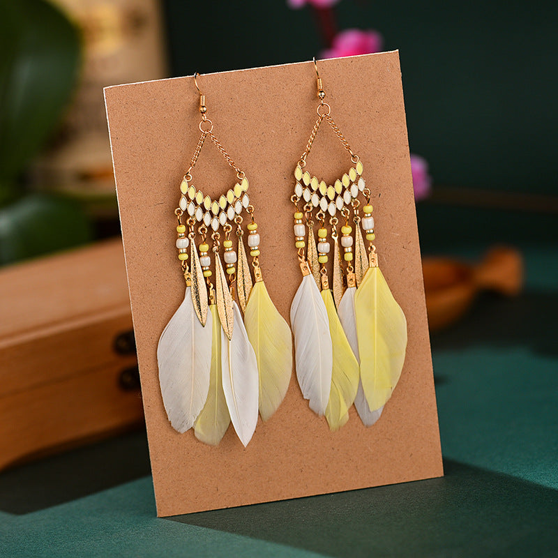 Vintage Fan-shaped Tassel Feather Long Bohemian Beads Earrings Wholesale