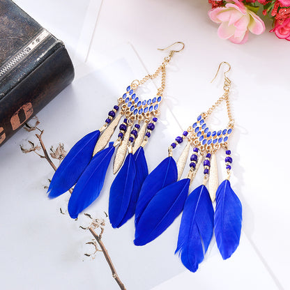 Vintage Fan-shaped Tassel Feather Long Bohemian Beads Earrings Wholesale