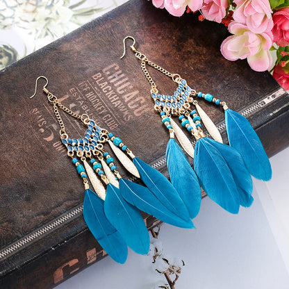 Vintage Fan-shaped Tassel Feather Long Bohemian Beads Earrings Wholesale