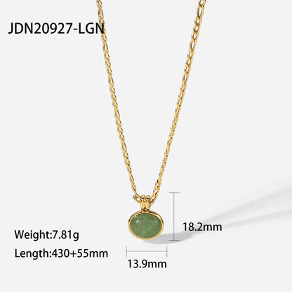 14k Green Aventurine Jade Round Pendant Figaro Chain Stainless Steel Necklace