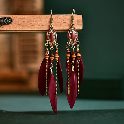 Retro Tassel Feather Long Oil Drop Earrings Wholesale