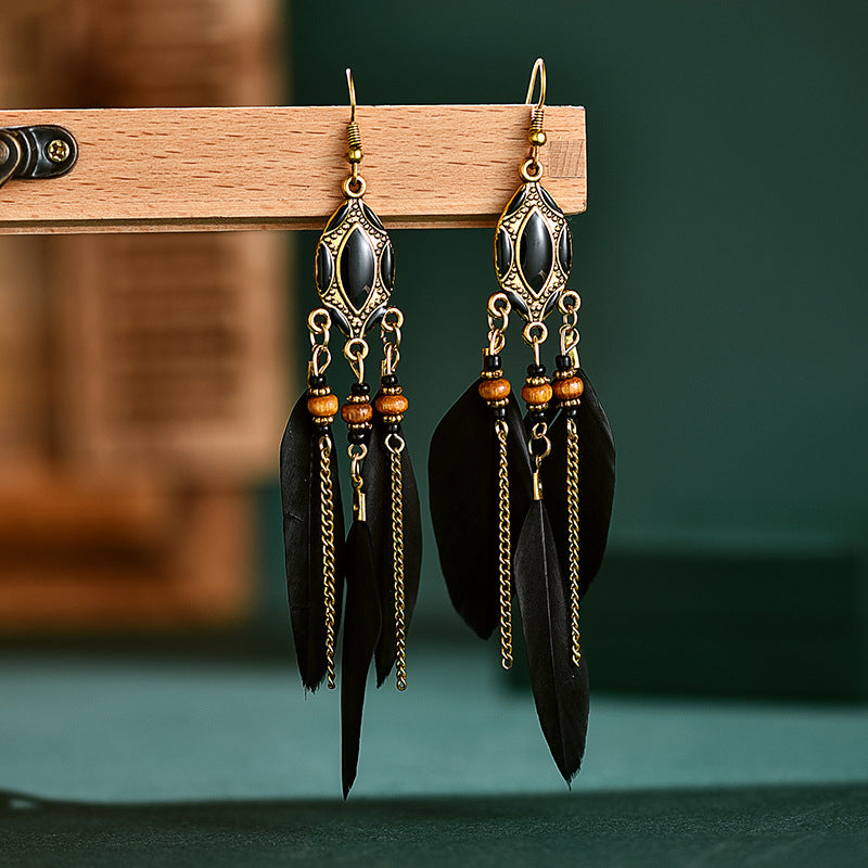 Retro Tassel Feather Long Oil Drop Earrings Wholesale