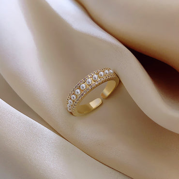 Real Gold Color-preserving Electroplating Diamond-encrusted Pearl Open Alloy Ring