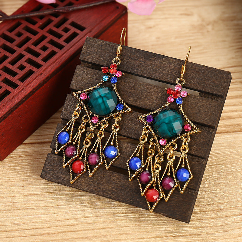 Ethnic Geometric Hollow Contrast Color Diamond-shaped Water Drop Earrings Wholesale