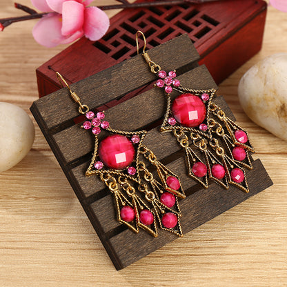 Ethnic Geometric Hollow Contrast Color Diamond-shaped Water Drop Earrings Wholesale