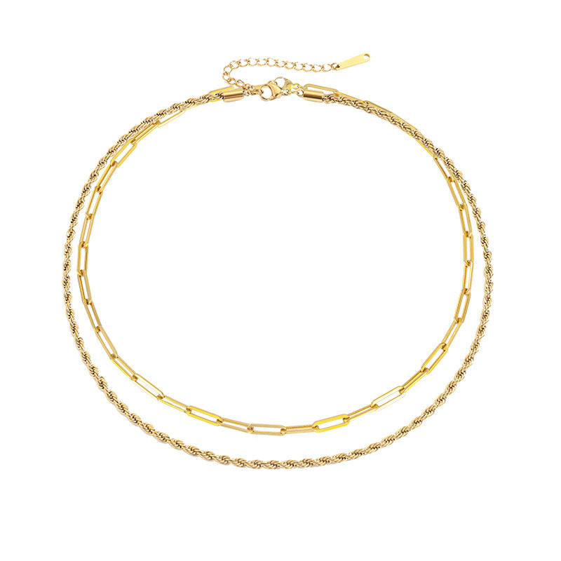 Fashion Double Layer Necklace Twist Chain Necklace Stainless Steel Gold Plated Necklace