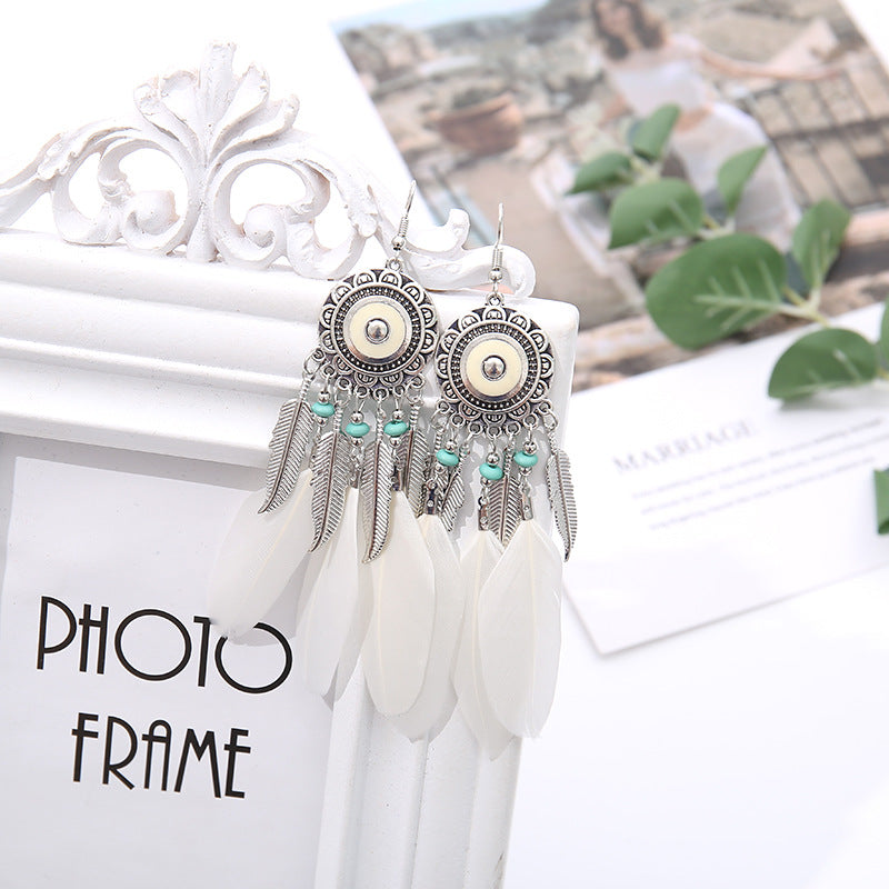 Vintage Geometric Round Alloy Long Feather Leaves Tassel Earrings Wholesale