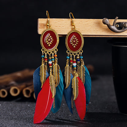 Oil Drop Earrings Fashion Jewelry Creative Oval Long Tassel Feather Earrings