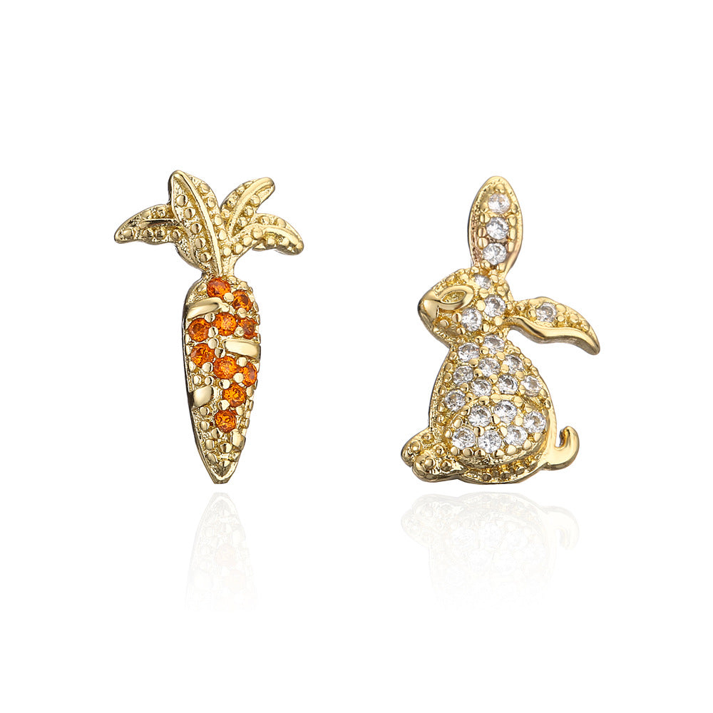 Sweet Cute Rabbit Carrot Shape Copper Plated 18k Gold Zircon Earrings Stud