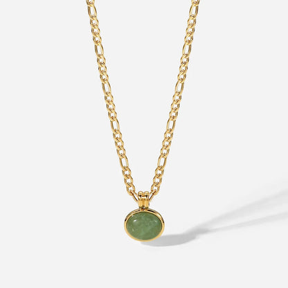 14k Green Aventurine Jade Round Pendant Figaro Chain Stainless Steel Necklace