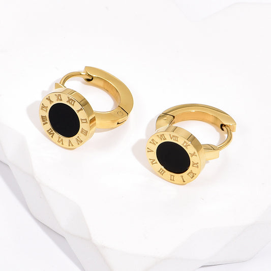 Titanium Steel Fashion 14k Gold Simple Roman Numeral Black Bezel Earrings