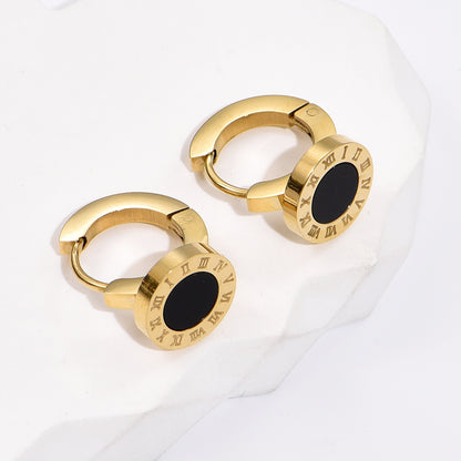 Titanium Steel Fashion 14k Gold Simple Roman Numeral Black Bezel Earrings