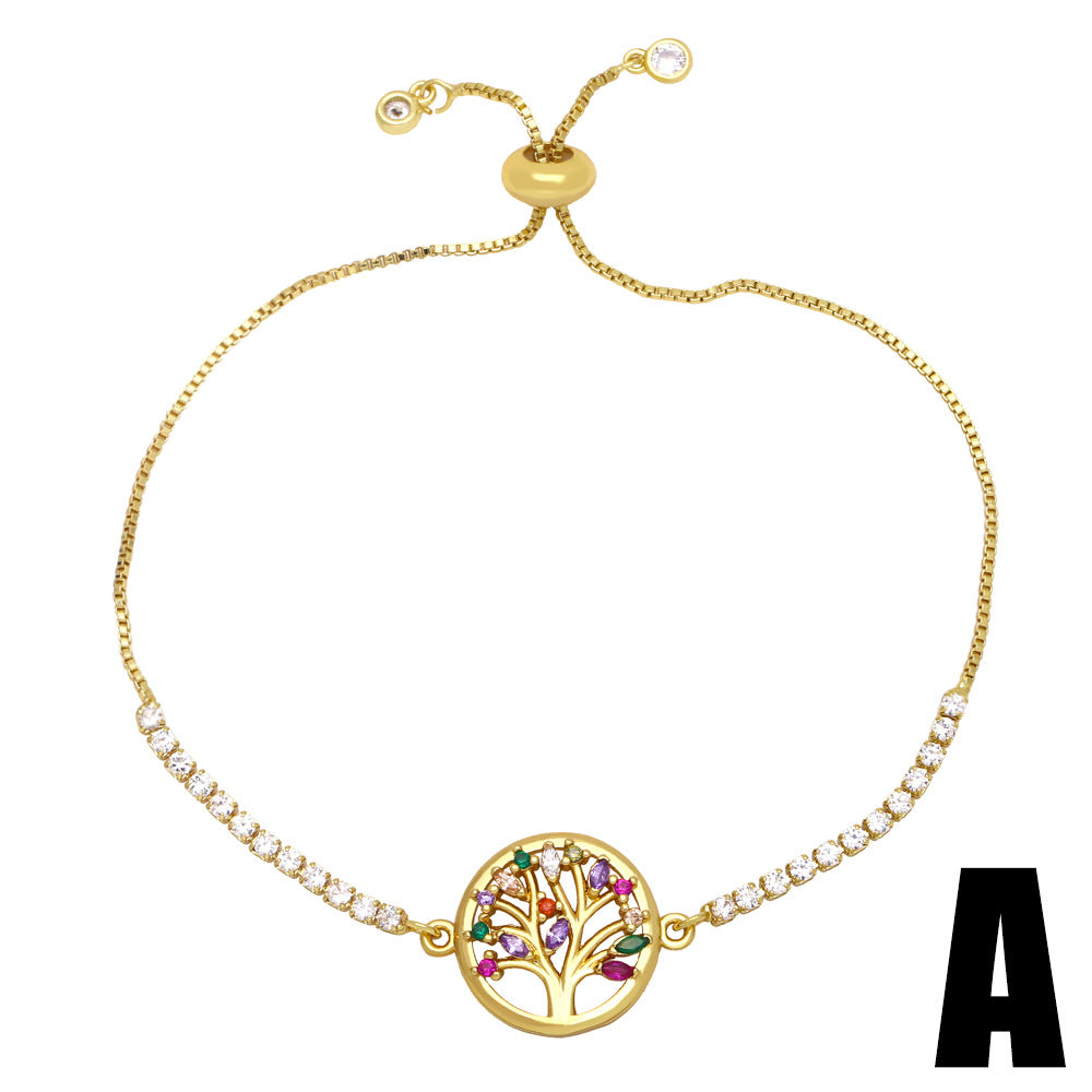 Fashion Color Zircon Star Smiley Tree Of Life Letter Love Copper Bracelet