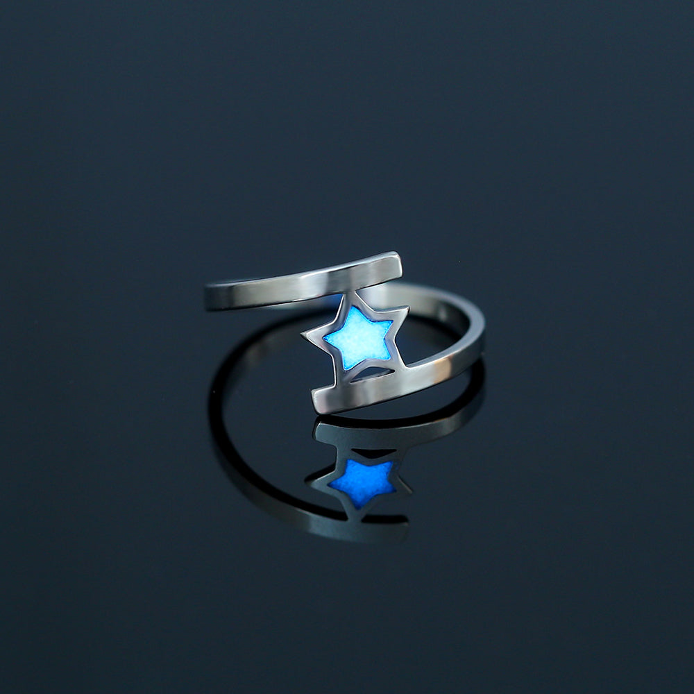 Fashion Sky Blue Luminous Star Element Stainless Steel Ring Jewelry