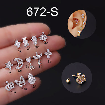 Single Titanium Steel Thin Rod Zircon Butterfly Crown Star Moon Screw Stud Earrings