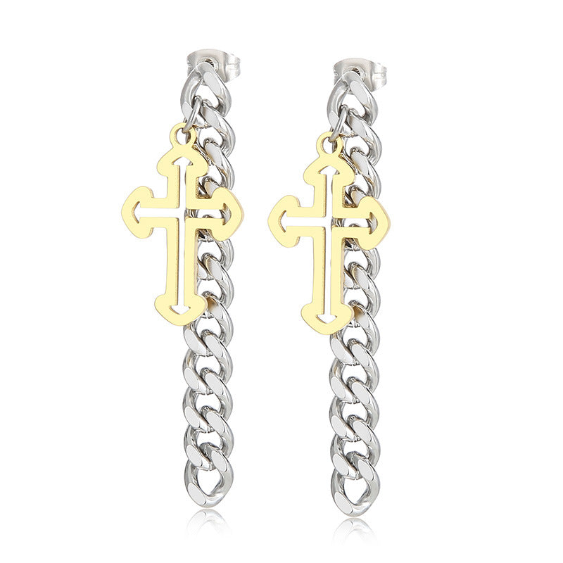 Women's Stainless Steel Golden Cross Thick Chain Earrings Wholesale