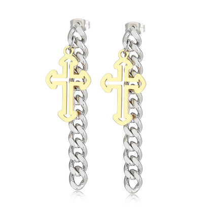 Women's Stainless Steel Golden Cross Thick Chain Earrings Wholesale