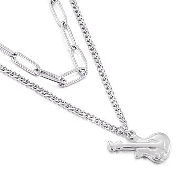 Creative Music Guitar Double Layer Stainless Steel Bass Pendant Double Layer Long Necklace