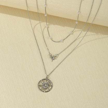 Sun Pendant Simple Retro Artificial Pearl Multilayer Necklace