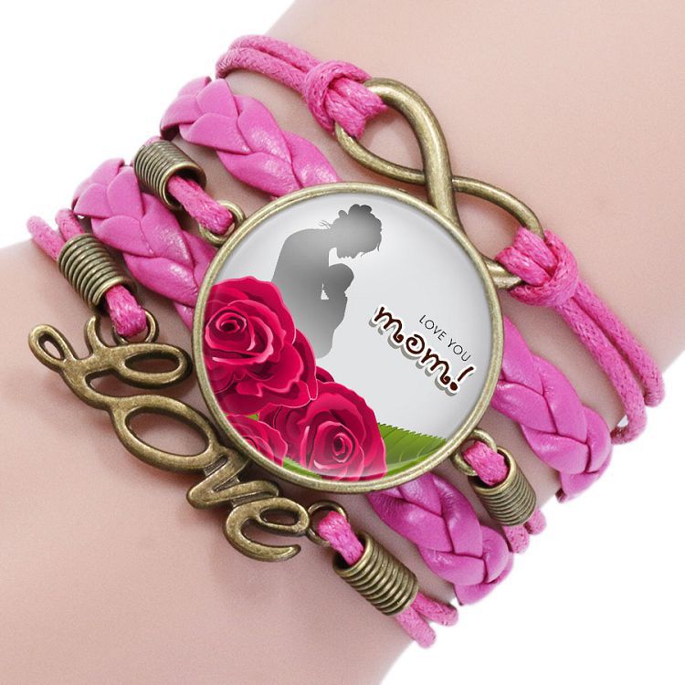 Mother Letter Time Gem Multi-layer Braided Leather Alloy Bracelet Wholesale