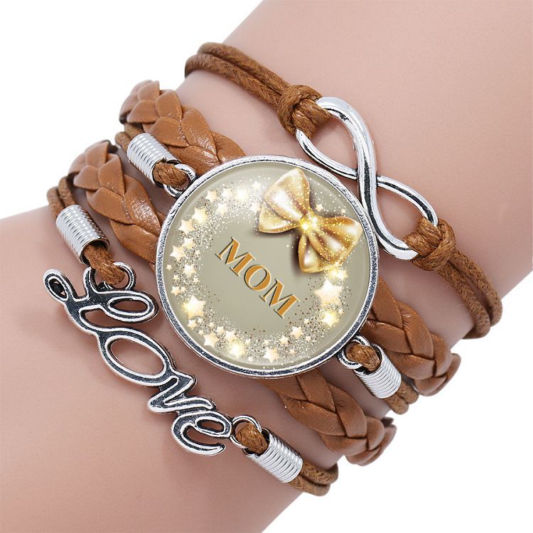 Mother Letter Time Gem Multi-layer Braided Leather Alloy Bracelet Wholesale