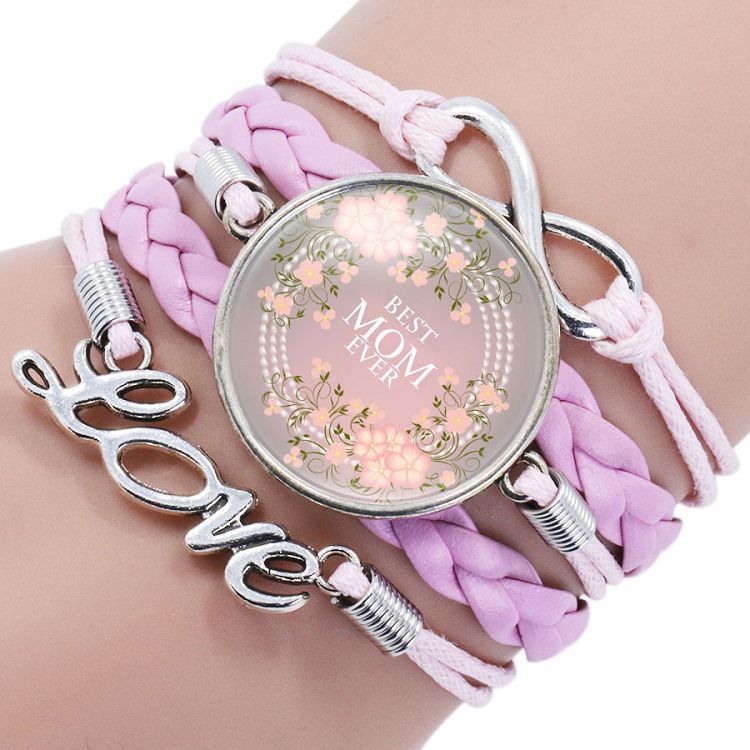 Mother Letter Time Gem Multi-layer Braided Leather Alloy Bracelet Wholesale