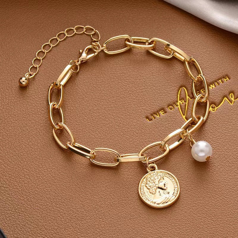 Creative Hip-Hop Heart Pearl Cross Gold Coin Portrait Pendant Bracelet