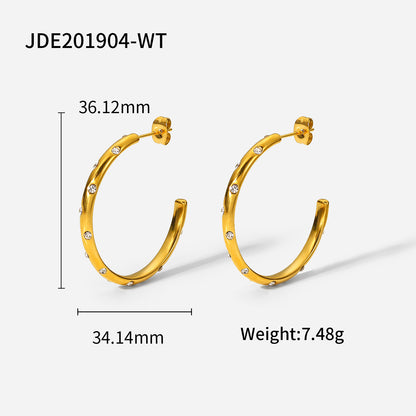 Fashion C Shape Plating Stainless Steel Zircon Gold Plated Earrings