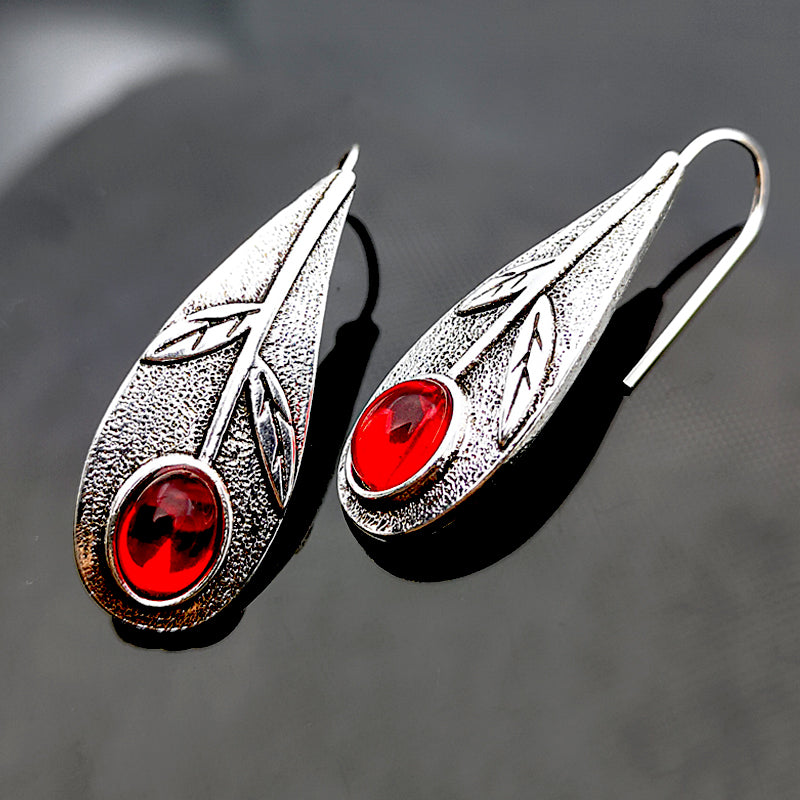 Retro Leaf Ruby Alloy Earrings Fashion Ear Jewelry