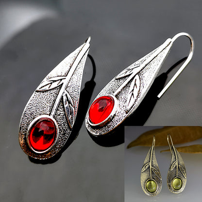 Retro Leaf Ruby Alloy Earrings Fashion Ear Jewelry