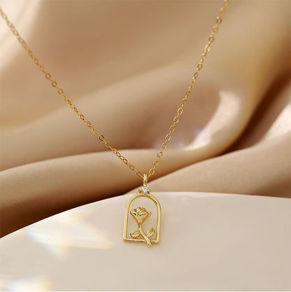 Retro Rose Geometric Ladies Hollow Three-dimensional Romantic Flower Alloy Necklace