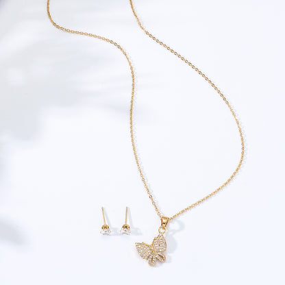 Stainless Steel Inlaid Zircon Electroplating 18k Gold Butterfly Necklace Earrings Set
