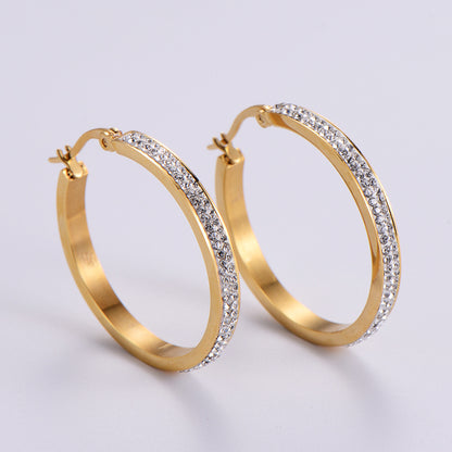 Gold Round Stick Diamond Women's Simple Stainless Steel Ear Hoop Jewelry