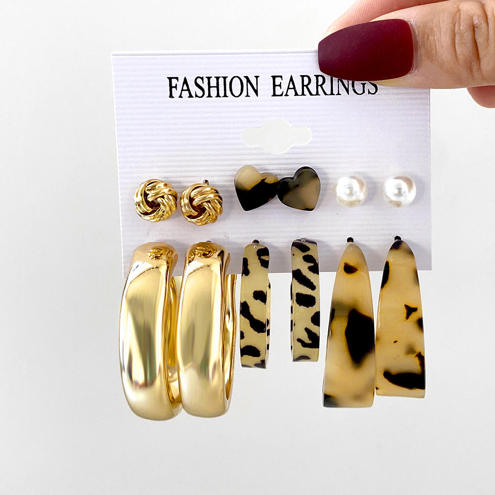 Vintage Creative Multi-layer Leopard Print C-shaped Earrings Set 6 Pairs Earrings Wholesale