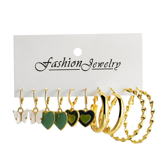 Fashion Green Dripping Oil Heart-shaped Pendant Alloy Earrings Set