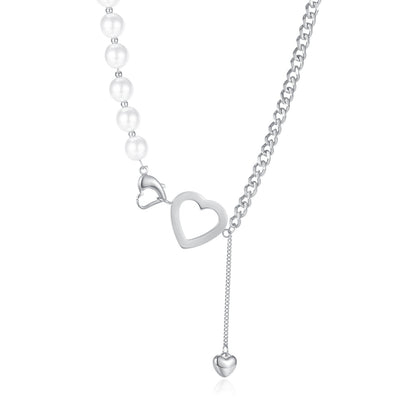 Fashion Heart Pearl Stitching Stainless Steel Necklace Clavicle Chain Wholesale