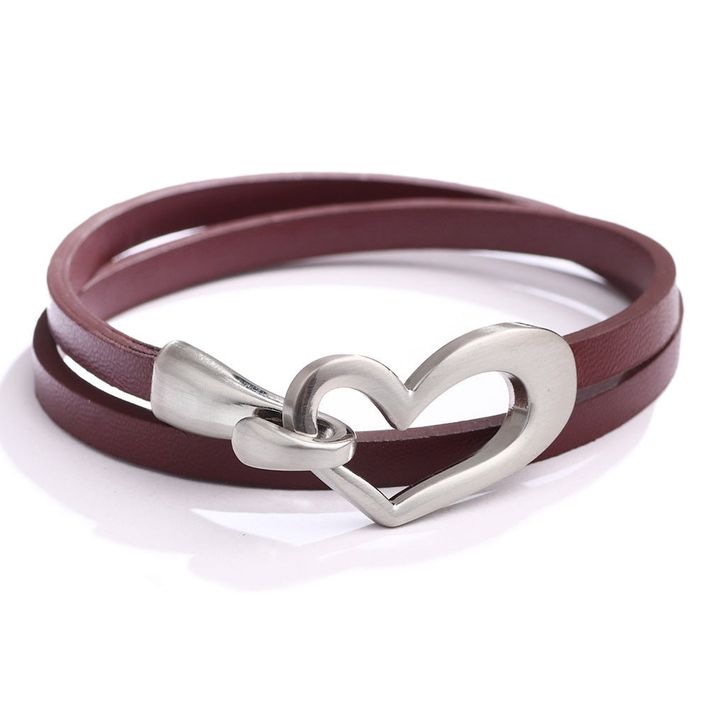 Fashion Simple Hollow Heart-shaped Double-layer Alloy Pu Bracelet