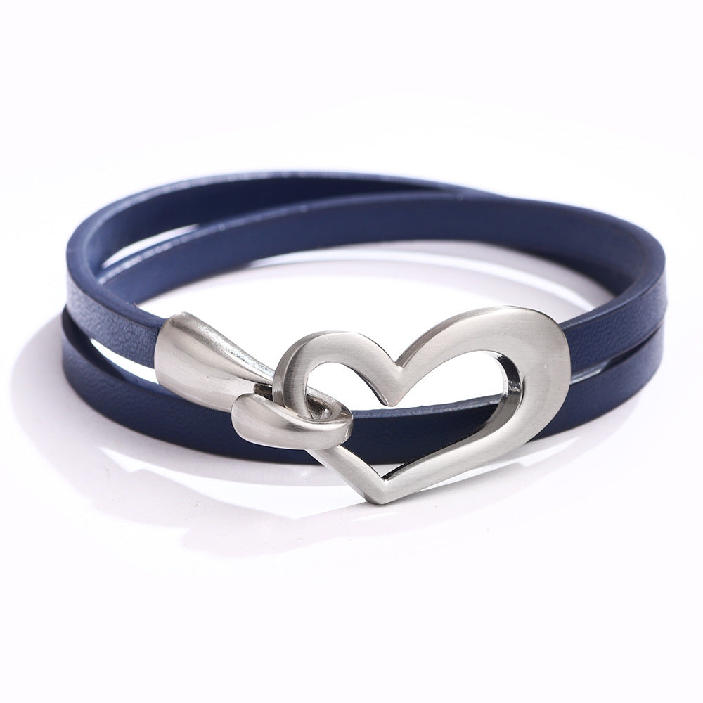 Fashion Simple Hollow Heart-shaped Double-layer Alloy Pu Bracelet