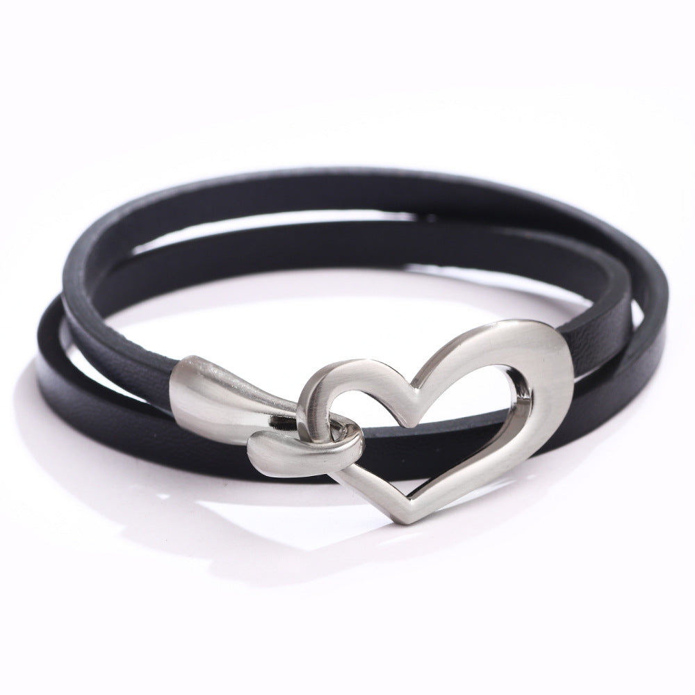 Fashion Simple Hollow Heart-shaped Double-layer Alloy Pu Bracelet