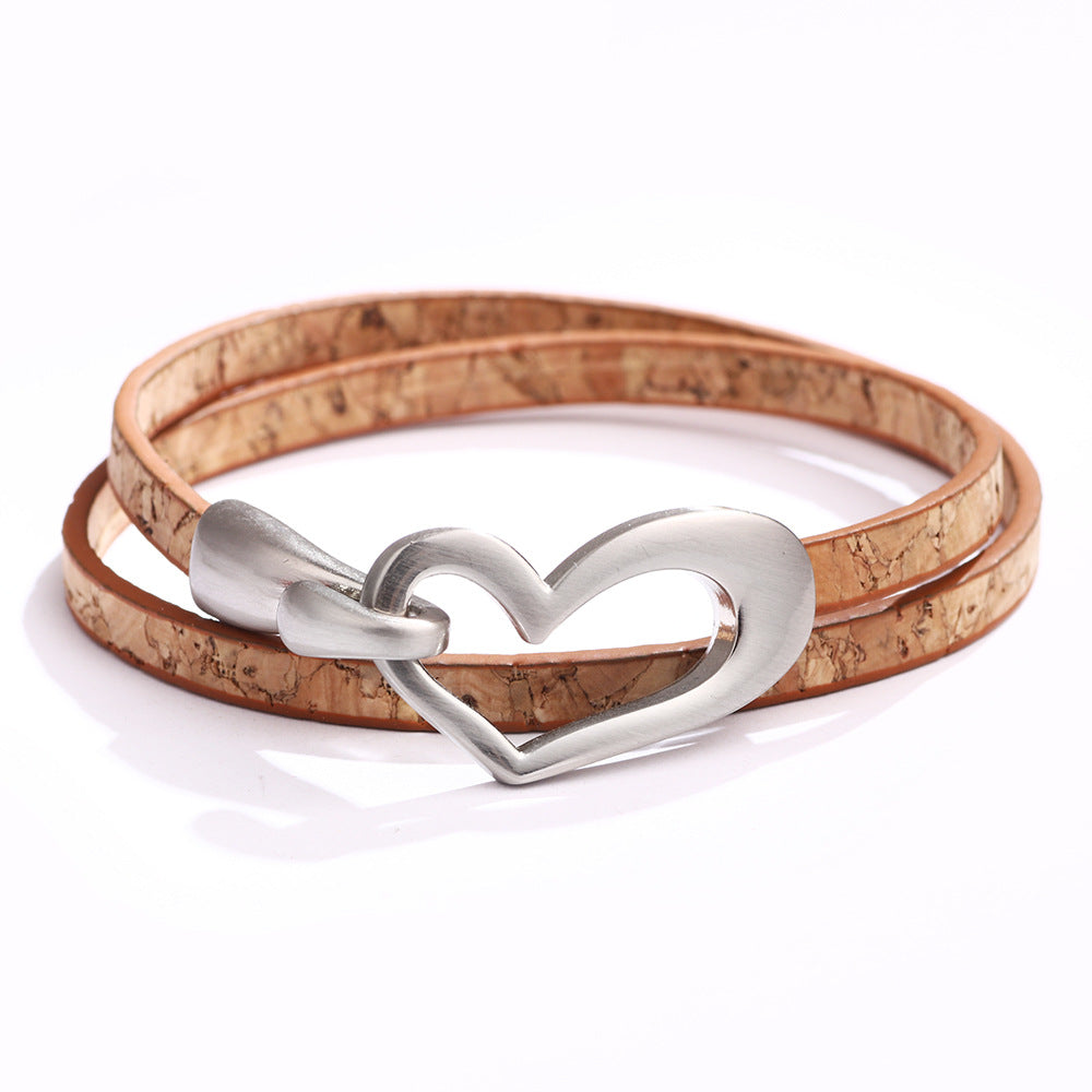 Fashion Simple Hollow Heart-shaped Double-layer Alloy Pu Bracelet