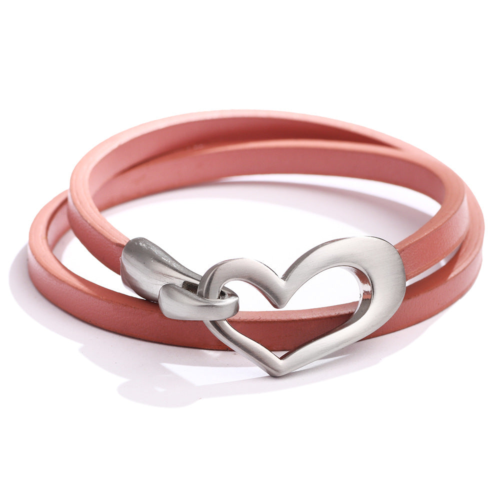 Fashion Simple Hollow Heart-shaped Double-layer Alloy Pu Bracelet