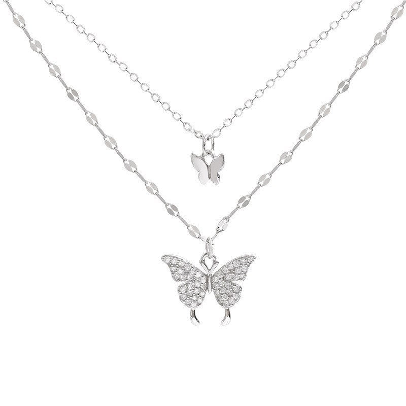 Double-layer Butterfly Diamond Pendant Necklace