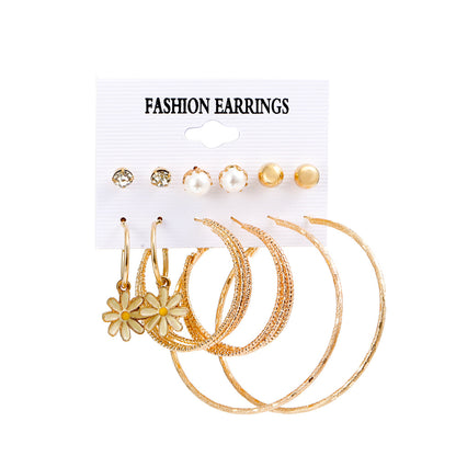 Fashion Butterfly Inlaid Pearl Alloy Geometric Hoop Earrings Six-piece Set