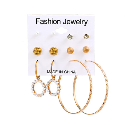 Fashion Butterfly Inlaid Pearl Alloy Geometric Hoop Earrings Six-piece Set