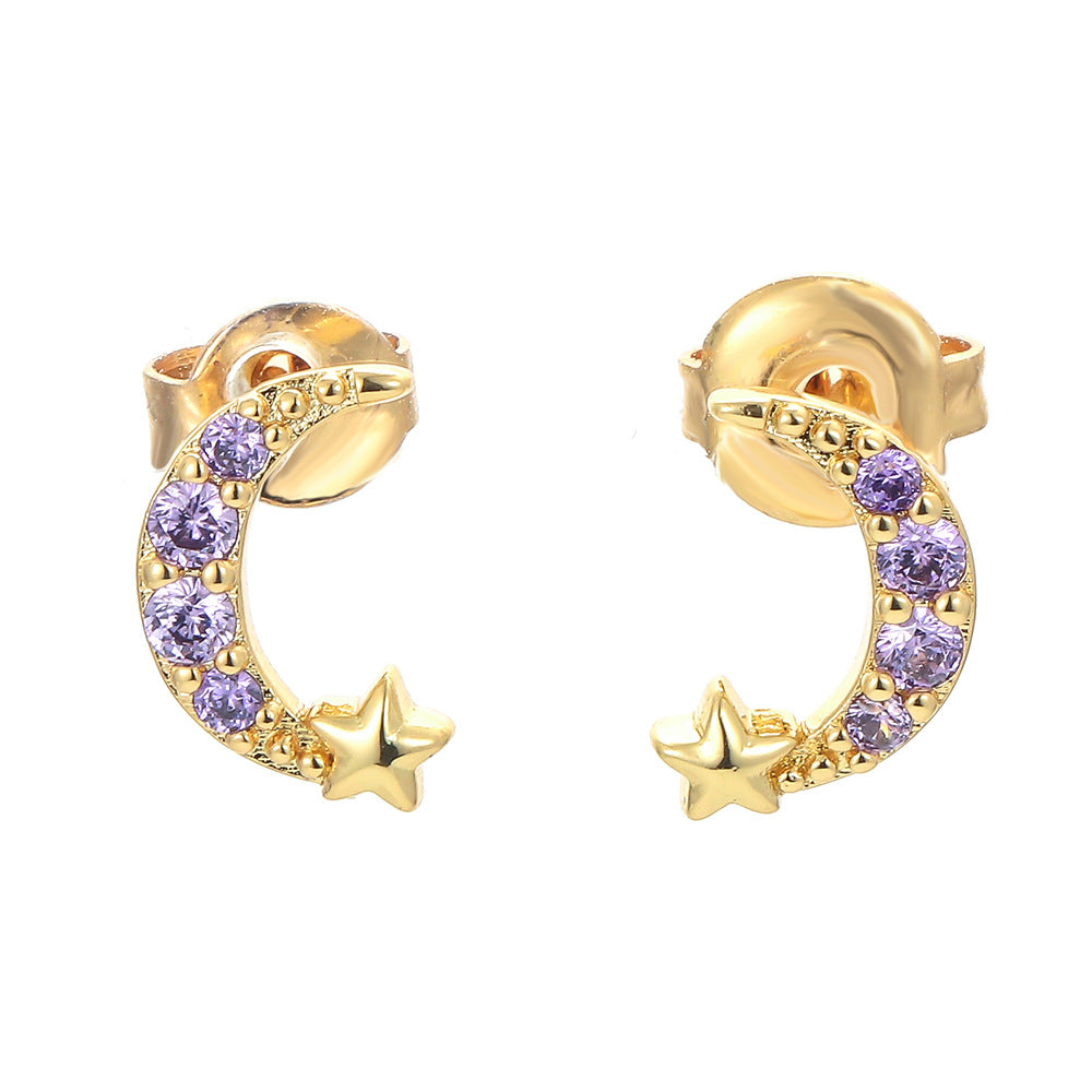 Korean Style Star Moon Shaped Inlaid Colorful Zircon Copper Earrings Wholesale