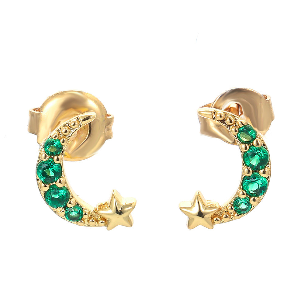 Korean Style Star Moon Shaped Inlaid Colorful Zircon Copper Earrings Wholesale