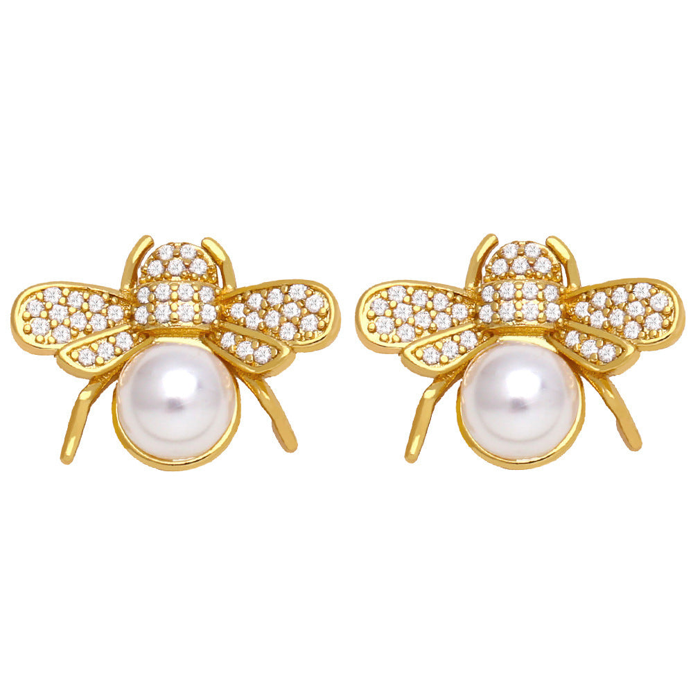 Simple Bee Butterfly Pearl Copper Inlaid Zircon 18k Gold-plated Earrings