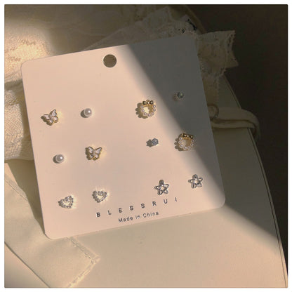 New Star Heart Bow Pearl Stud Earrings Set